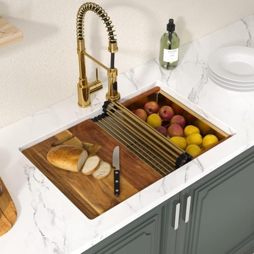 Lordear 28 Inch White Granite Composite Kitchen Sink Workstation 28x19 White Undermount Quartz Sinks Under Counter Single Bowl Sink with Classic Gold Accessories - Image 2
