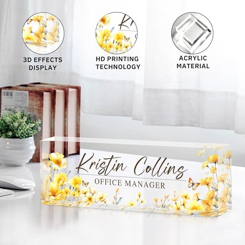 Custom Name Plate for Desk, Personalized Desk Name Plate on Clear Acrylic Glass, Appreciation Gifts for Teacher Employee Boss Coworkers Nurse, Office Desk Accessories for Women Men (Daffodil) - Image 5