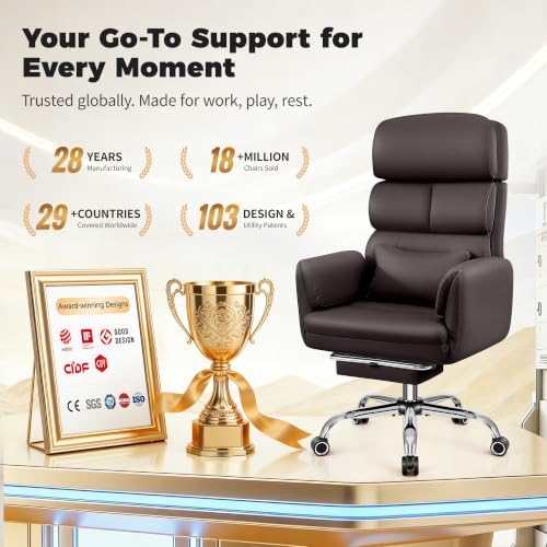 Big and Tall Office Chair 500LBS, Ergonomic High Back Leather Executive Chair, Reclining Swivel with Adjustable Armrests Lumbar Support Footrest, Cross Legged, Coffee - Image 3