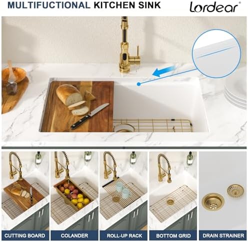 Lordear 30 Inch White Kitchen Sink Granite Composite Undermount Kitchen Sink Workstation 30x19 White Quartz Sinks Under Counter Single Bowl with Classic Gold Accessories - Image 5