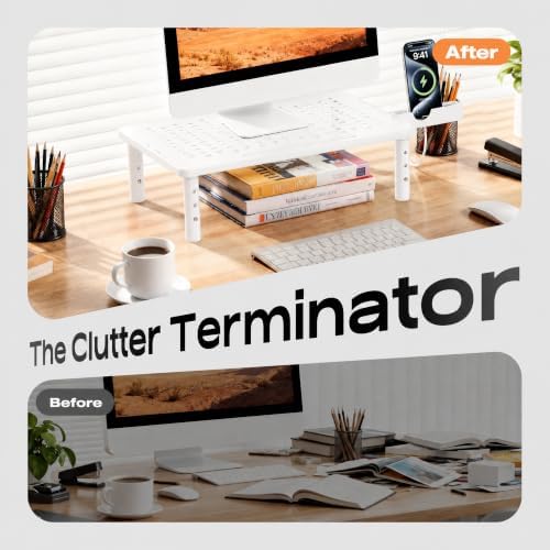 Computer Monitor Stand Riser for Desk, 3 Height Adjustable PC Laptop TV Desktop Monitor Stand Shelf, Metal Printer Table with Phone Holder, Stand Riser for Desk, Office Desk Organizers and Accessories, White 2 Pack - Image 5
