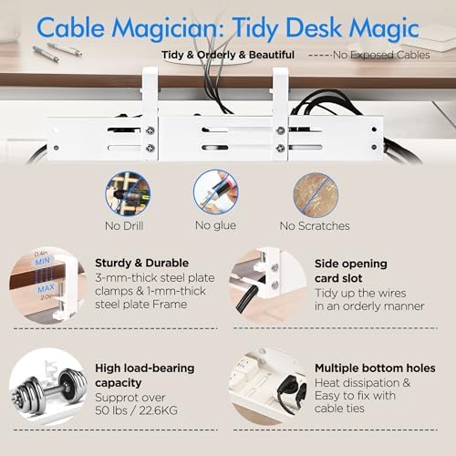 No Drill Under Desk Cable Management Tray, 17”-30” Retractable Cord Organizer for Table, Clamp Mount Wire Basket, Power Strip Holder & Metal Cord Organizer for Office, Home, White - Image 4