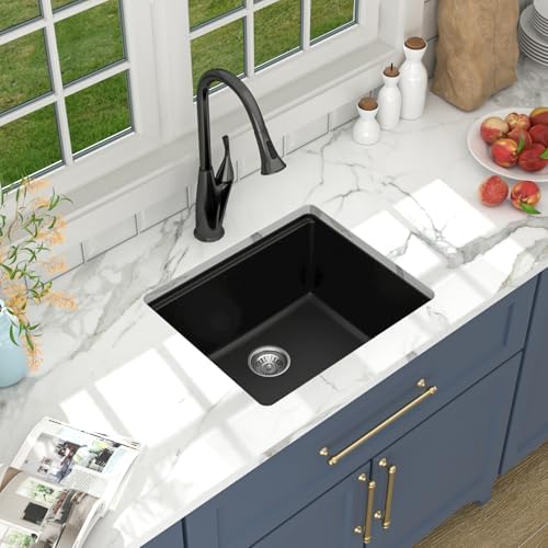 Lordear 21 Inch Granite Composite Bar Sink - 21"x18" Undermount Kitchen Sink Black Single Bowl Under Counter Ledge Workstation Bar Prep RV Basin - Image 4