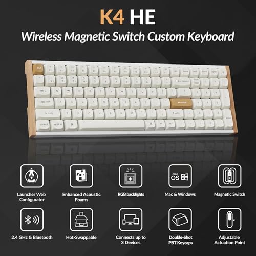 Keychron K4 HE 96% Wireless Hall Effect Keyboard with Number Pad, Rapid Trigger Magnetic Switches, QMK Launcher, 2.4GHz/Bluetooth/Wired, Mac & Windows, Wood Accent Frame, White (Non-Shine-Through) - Image 2