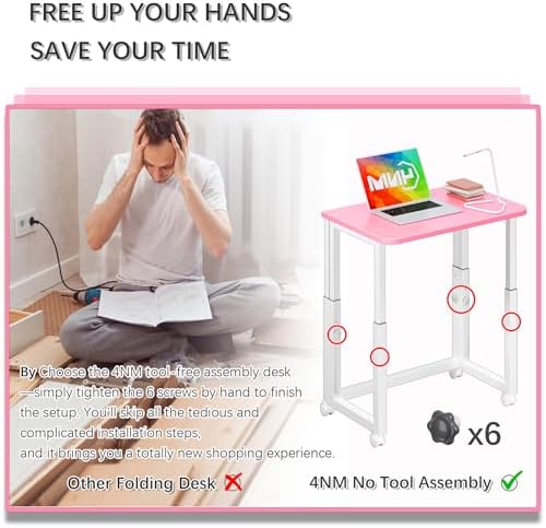 4NM No Tool Assembly 23.6" Small Desk, Folding Portable Desk with Wheels, Foldable Computer Home Office Desks, Collapsible Study Writing Table for Space Saving Bedroom - Pink White - Image 5