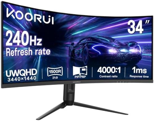 KOORUI 34 Inch 240Hz Ultrawide Curved Gaming Monitor, WQHD 3440×1440, 1500R, HDR400, PIP/PBP, 90% DIC-P3, Adaptive Sync, HDMI 2.1/DP 1.4, Tilt/Swivel/Height Adjustable, VESA for PC Gaming, Work & Play by KOORUI