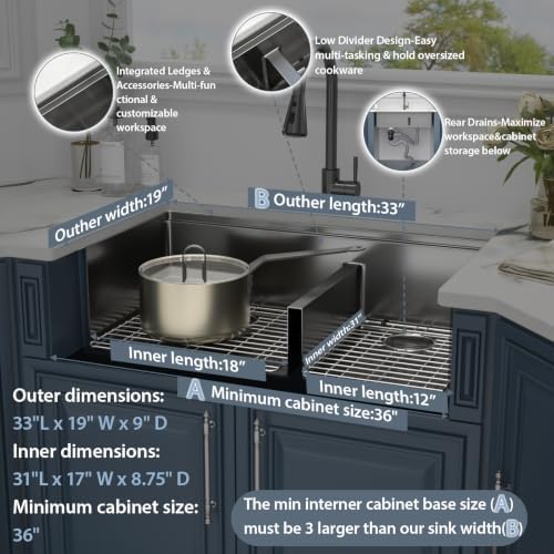 33 Black Undermount Kitchen Sink Double Bowl Workstation 60/40 Low Divide - Image 7