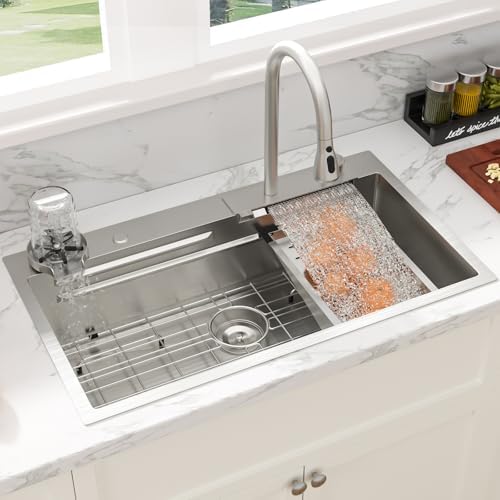 Sarlai Waterfall Kitchen Sink - 33 Inch Drop In Workstation Sink With Waterfall Stainless Steel 16 Gauge Multifunction Single Bowl Smart Top Mount Kitchen Sinks with Mechanical Keys 33x19x9 Inch - Image 4