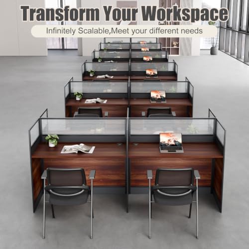 4 Person Cubicle Workstation Desk with Privacy Panels and Cable Management, Modular Long Office Desk for Commercial Workspace, Sound Dampening Partition Wall (Walnut-B, 94.5IN) - Image 3