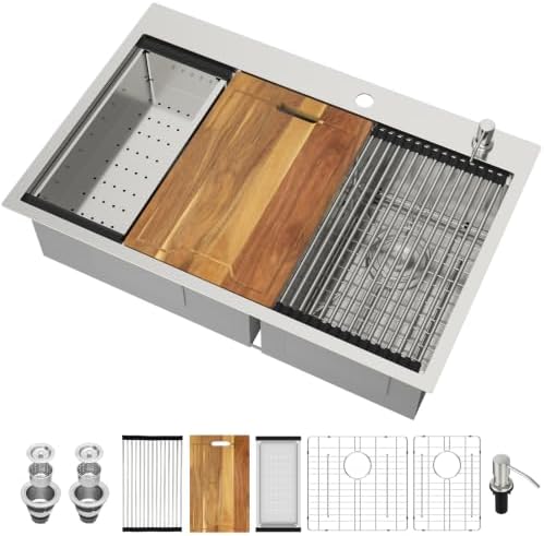 33 Drop In Kitchen Sink Stainless Steel Double Bowl Workstation Low Divide by Kichae