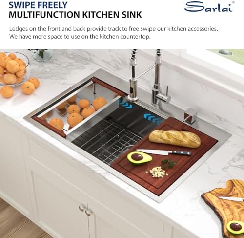 Sarlai Drop In Kitchen Sink - 33x22 Drop In Kitchen Sink Ledge Workstation 16 Gauge Stainless Steel Topmount Deep Single Bowl Over Counter Sinks Basin Round Corners - Image 6