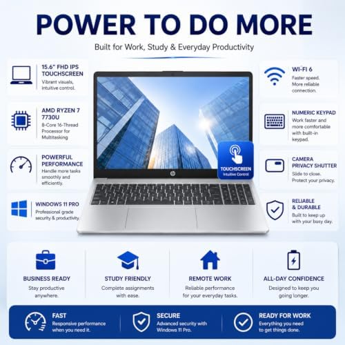 HP 2026 Edition Business Laptop, 15.6" FHD IPS Touchscreen, AMD Ryzen 7 7730U 8-Core 16-Thread Processor for Multitasking, 16GB RAM, 512GB SSD, Numeric Keypad, Camera Privacy Shutter, Windows 11 - Image 2