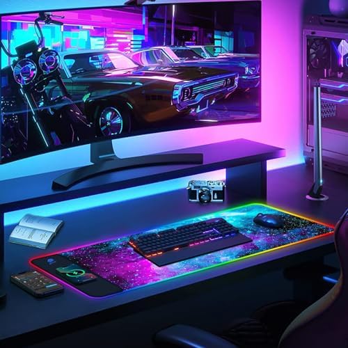 AIMSA Wireless Charging RGB Gaming Mouse Pad 15W, Extended LED Desk Mat Protector 800x300x4MM, 14 Light Modes Extra Large Mousepad Non-Slip Rubber Base Desk Mat, Galaxy Nebula Universe - Image 7