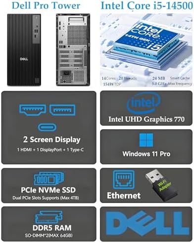 Dell Pro Tower PC Business Desktop Computer, 14th Gen Intel 14-Core i5-14500 vPro, 16GB DDR5 RAM, 512GB PCIe SSD, RJ-45, HDMI, DisplayPort, Type-C, Windows 11 Pro - Image 2