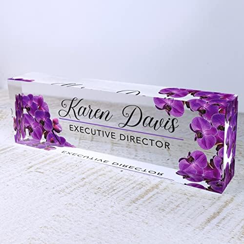 Artblox Office Desk Name Plate Personalized | Custom Name Plates for Desks | Purple Orchid Design On Clear Acrylic Glass | Office Desk Decor - (8" x 2.5") - Image 5