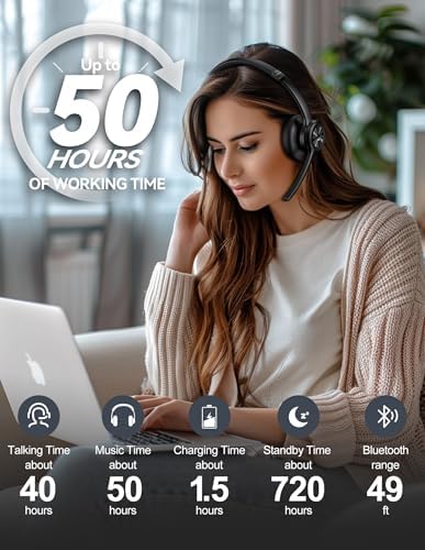 TECKNET Wireless Headset, Bluetooth Headset with Noise Cancelling Microphone - Rechargeable Bluetooth V5.2 Headphones, 50H Playtime & Mic Mute, On Ear Headphones for Trucker/Remote Work/Call Center - Image 6