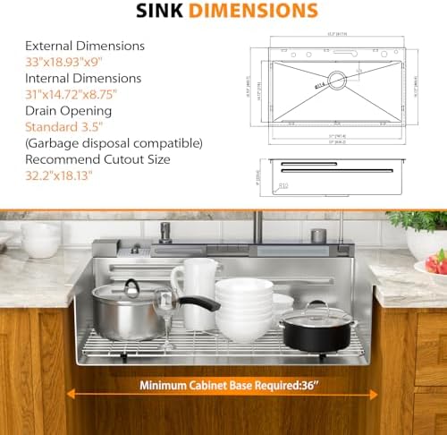 Mocoloo 33 Inch Honeycomb Waterfall Kitchen Sink Drop in, 33x19 Inch Stainless Steel Workstation Sink 16 Gauge Topmount Single Bowl Sink with Complete Kit - Image 2