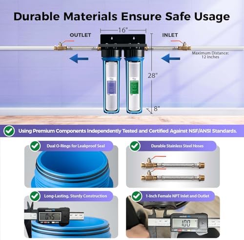 iSpring WGB22B-DS+AHPF12MNPT16X2 2-Stage Whole House Water Filter System w/ 3/4'' Push-Fit Braided Stainless Steel Hose Connectors, Reduces Scale, Corrosion, Chlorine, Taste, Odor - Image 4