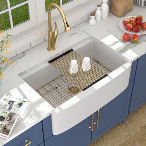 Lordear Farmhouse Sink 33 Inch White Kitchen Sinks Workstation Curved Apron Fireclay Porcelain Ceramic Single Bowl Farmer Sink Farm Sinks 33x21x10 Inch with Gold Accessories - Image 2