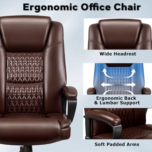 Office Chair, High Back Ergonomic Home Office Desk Chairs with Lumbar Support, Adjustable Big and Tall Computer Chair, 360° Swivel, PU Leather, Brown - Image 7