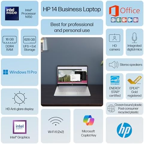 HP Ultrabook 14 Laptop Computer Business Study & Home 2025, Lifetime MS Office + Windows 11 Pro, Quad-Core Intel CPU, 16GB RAM & 628GB Storage (128GB UFS+500GB Ext), Wi-Fi 6, HubxcelAccessory, Blue - Image 3