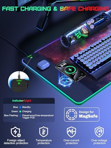 RGB Gaming Mouse Pad with Wireless Charging, Large Desk Mat, Red Nebula - Image 3
