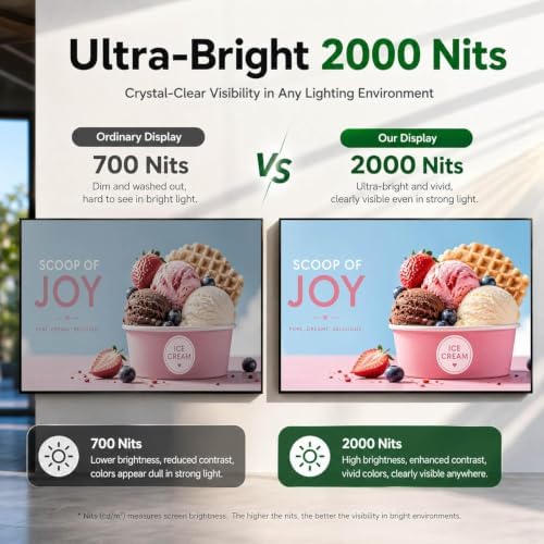 43 inch 4K Digital Signage Display, 2000nits High Brightness, LCD Monitor Slim Fit Frameless Advertising Display, Wall Mount Digital Display, CMS Remote Publishing, 7/24 Timer Switch, Built-in Speaker - Image 3