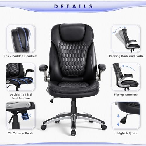 COLAMY Executive Office Chair-Ergonomic Computer Desk Chair, High Back Leather Chair with Padded Flip-up Arms, Swivel Home Office Chair, Black - Image 6