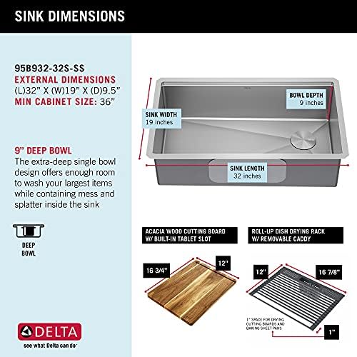 DELTA FAUCET 95B932-32S-SS Lorelai Workstation Kitchen Sink Undermount Stainless Steel Single Bowl with WorkFlow Ledge and Chef’s Kit of 6 Accessories - Image 6