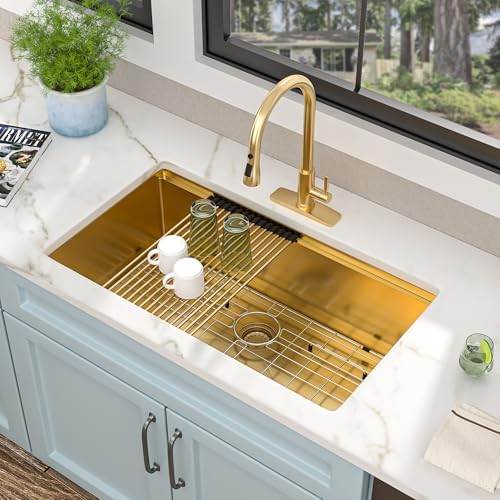 33 Undermount Kitchen Sink Gold - Fulorni 33"x19" Kitchen Sink Brushed Gold NANO-PVD Ledge Workstation 16 Gauge 304 Stainless Steel Under Counter Single Bowl Basin - Image 3