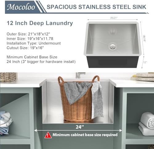 Mocoloo 21 Inch Laundry Sink - 21 x 18 Undermount Utility Sinks 16 Gauge Single Bowl Stainless Steel Utility Sink 12 Inch Deep Laundry Room Sinks Under Counter Seamless Handmade Basin - Image 7