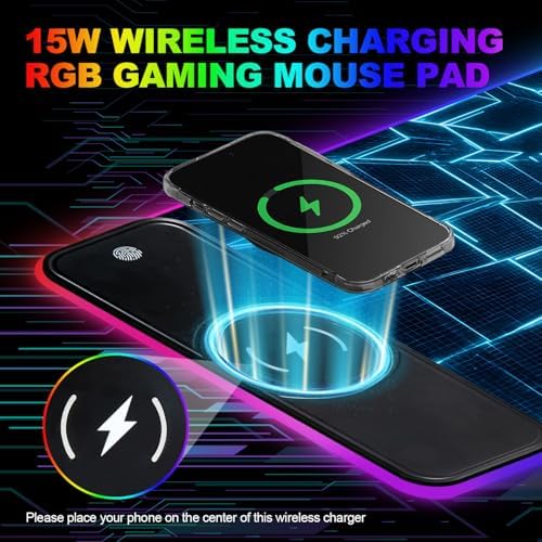 Wireless Charging RGB Gaming Mouse Pad, 31.5 x 11.8 Inch Extended Mouse Mat with Cyber Tunnel Design, LED Desk Pad with 7 Lighting Modes, Non-Slip Base for Gaming & Office - Image 6