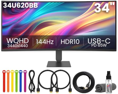 LG UltraWide 34" WQHD Curved 144Hz HDR10 Monitor 34U620B-B | 1-Pack Bundle by LGElectronics