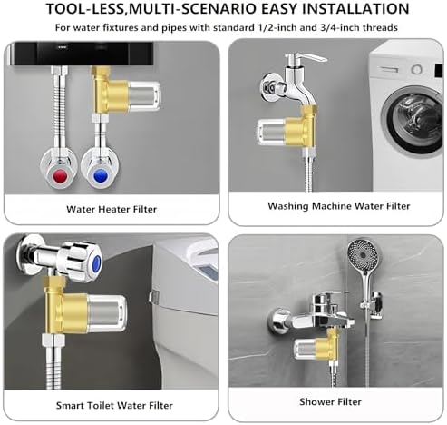 XZ03 Reusable Brass Sediment Filter, 40 Micron Washer Water Filter System, for Washing Machine, Heater, Garden, Protecting Appliances, Reduces Clothes Yellowing, Anti Scale Shower Filter - Image 4