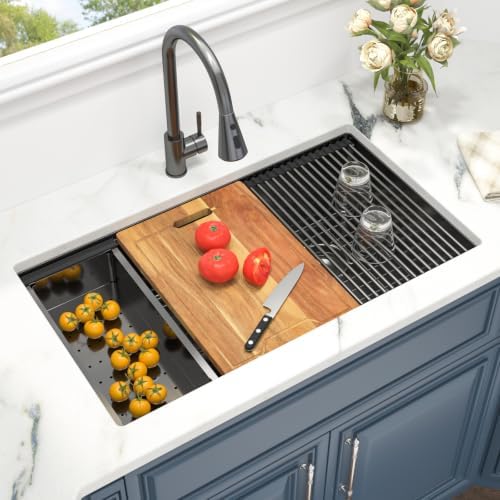 33 Black Undermount Kitchen Sink Double Bowl Workstation 60/40 Low Divide - Image 2