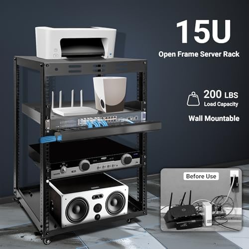 15U Open Frame Server Rack, Wall-mountable IT Rack w/Swivel Casters, 2 Rack Shelves, Top & Bottom Panels, Network Rack for Stereo/Computer/Data/IT/AV Equipment, 19.7”L x 18.8”W x 32.3”H - Image 4