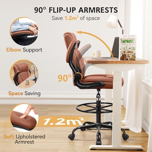 Drafting Chair, Tall Office Chair for Standing Desk, High Executive Leather Ergonomic Computer Chair with Adjustable Height and Flip-Up Armrest for Counter Height Desk, Brown, Pack of 1 - Image 4