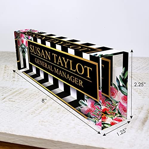 Artblox Office Desk Name Plate Personalized | Custom Name Plates for Desks | Black Stripes & Roses Design On Clear Acrylic Glass | Cute Office Desk Accessories Customized Gifts - (8" x 2.5") - Image 2
