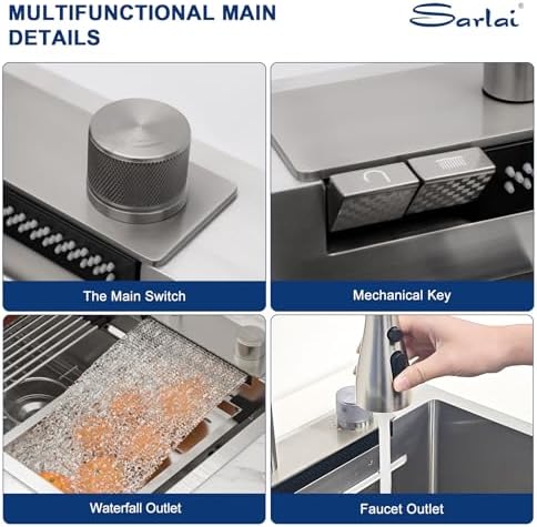 Sarlai Waterfall Kitchen Sink - 33 Inch Drop In Workstation Sink With Waterfall Stainless Steel 16 Gauge Multifunction Single Bowl Smart Top Mount Kitchen Sinks with Mechanical Keys 33x19x9 Inch - Image 5