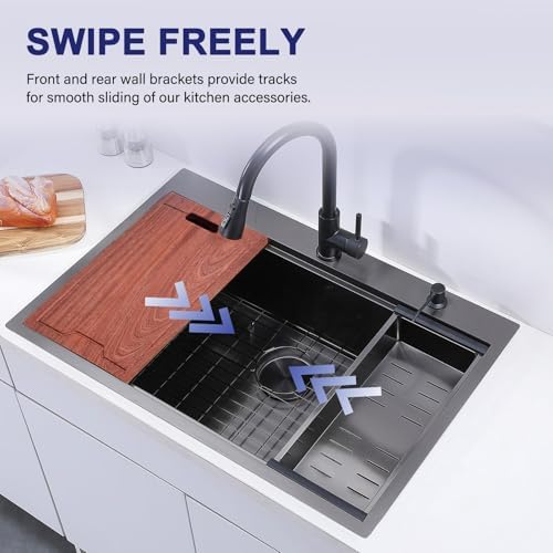 33x22 Inch Black Drop In Kitchen Sink - VAPSINT 33 Inch Top Mount Single Bowl 9 Inch Deep Handmade Workstation Sink in Gunmetal Stainless Steel with Cutting Board & Strainer - Image 3