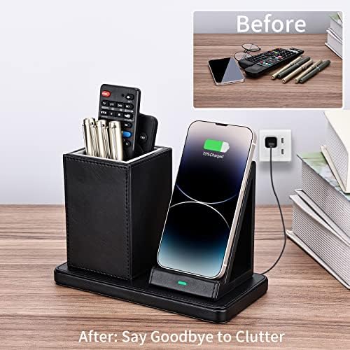 Wireless Charger with Desk Organizer, Wireless Charging Station for iPhone 13/13 Pro Max/13 Pro/12 Series/11/XS Max/XR/X/8Plus/SE 2, Wireless Charging Stand with Leather… (Black) - Image 6