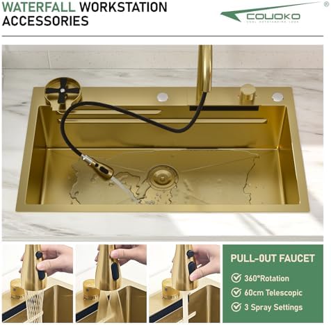 33 Gold Drop In Workstation Waterfall Kitchen Sink with Accessories - Image 5