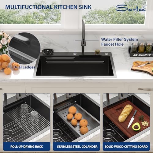 Sarlai black Waterfall Kitchen Sink - 28x22 Black Waterfall Drop In Workstation Sink Stainless Steel 16 Gauge Sinks Multifunction Single Bowl Smart Top Mount Kitchen Sinks with Faucet Combo - Image 5
