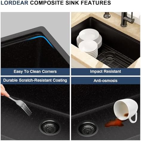Lordear 30 Inch Black Granite Composite Kitchen Sink Workstation 30x19 Matte Black Undermount Quartz Sinks Under Counter Single Bowl Sink with Black Accessories - Image 5