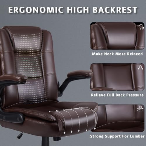 LEMBERI Flip-up Arms Office Desk Chair Big and Tall Managerial Executive Chair, High Back Computer Chair Ergonomic Adjustable Height PU Leather Chairs with Armrest for Long Time Sitting - Image 6