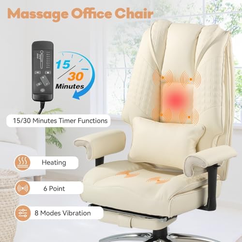 Vibration Massage Heated Office Desk Chair with Foot Rest, Beige - Image 5