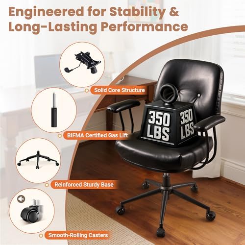 Leather Home Office Chair, Mid Back Ergonomic Desk Chair with Lumbar Support, Mid Century Modern Deep Seat Swivel Rocking Computer Chair, Black - Image 6