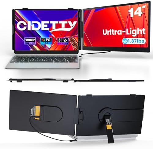 CIDETTY Laptop Screen Extender 0.27" Ultra-Thin, 14" Dual Portable Monitor FHD 1080P IPS, USB-C/HDMI Plug & Play Travel Screen for 13-17" Laptops, Compatible with Wins/Mac/Chrome/Switch/Android by CIDETTYElectronics