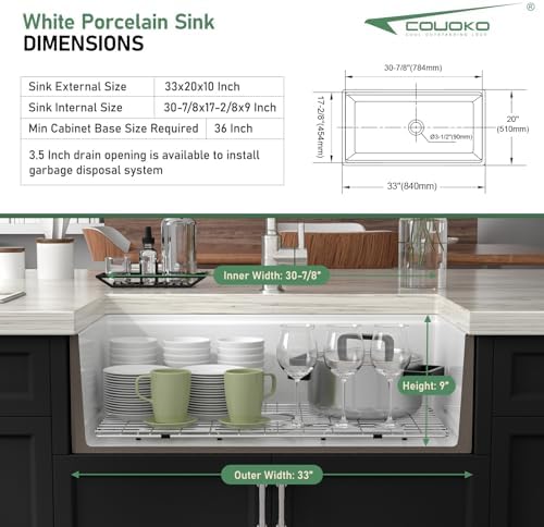 White Fireclay Farmhouse Sink Workstation - Couoko 33 Inch White Apron Front Fireclay Farm Sink Large Deep Ceramic Single Bowl Farmhouse Kitchen Sinks with Luxury Accessories, 33" x 20" x10" - Image 7