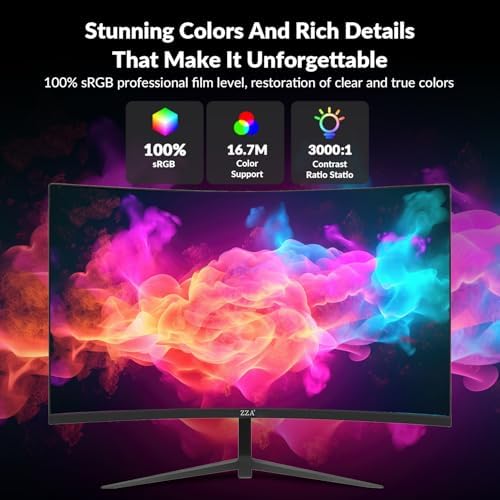 ZZA 27 Inch Gaming Monitor, 180Hz-200Hz Curved Monitor,VA PC Monitor,Full HD 1920x1080/180Hz Refresh Rate, 1ms Response, 100% sRGB, 1080p Resolution,FreeSync,VESA Mountable,DP 1.4 & HDMI 2.0 Ports - Image 4